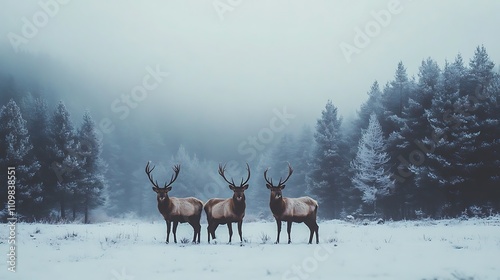 Three Elk in a Snowy Forest. Winter Wildlife Scene.