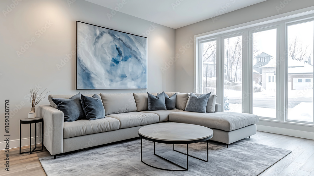 Modern living room with grey sectional sofa and large windows Modern living room with grey sectional sofa and large windows