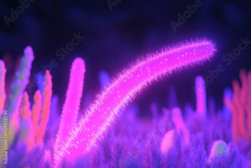 A colorful underwater scene with a pink plant in the foreground