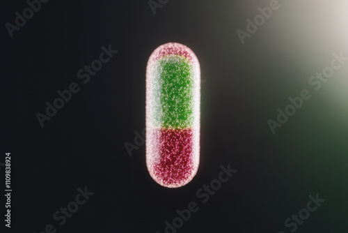 A pill with a green and red color is shown in a black background