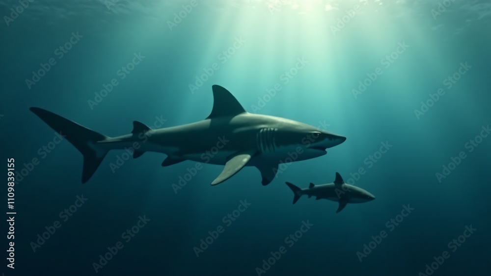 A mother shark swimming alongside her pup, highlighting their bond in the open ocean with gentle sunlight filtering through the water. A mother shark swimming alongside her pup, highlighting their bond in the open ocean with gentle sunlight filtering through the water.