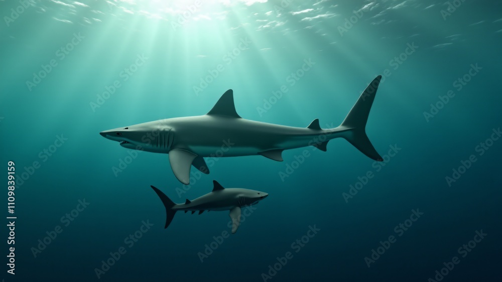 A mother shark swimming alongside her pup, highlighting their bond in the open ocean with gentle sunlight filtering through the water. A mother shark swimming alongside her pup, highlighting their bond in the open ocean with gentle sunlight filtering through the water.