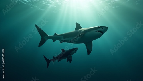 A mother shark swimming alongside her pup, highlighting their bond in the open ocean with gentle sunlight filtering through the water.