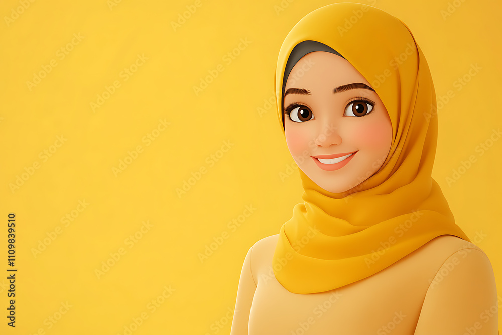 A cheerful animated character wearing a yellow hijab against a bright yellow background. A cheerful animated character wearing a yellow hijab against a bright yellow background.