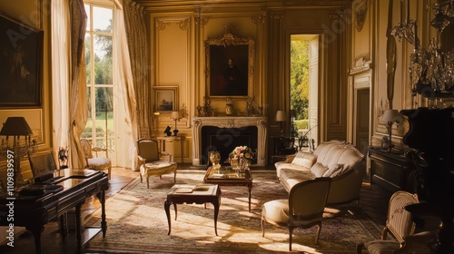 Elegant living room with classic decor and natural light.