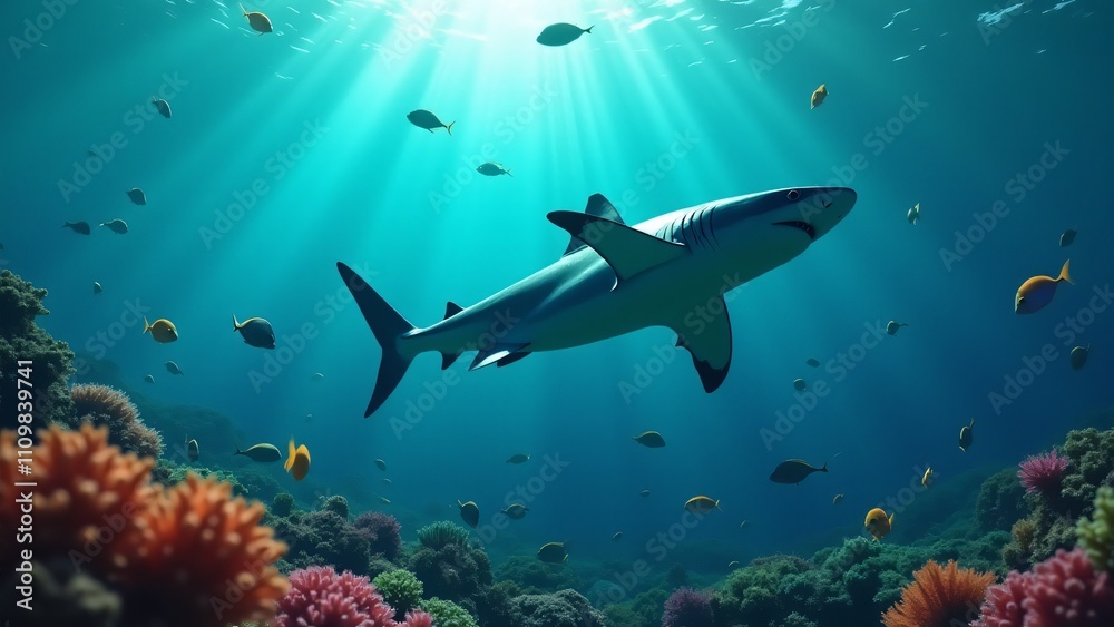 Obraz premium A shark swimming through a coral reef, showcasing its grace and power against the colorful marine life.