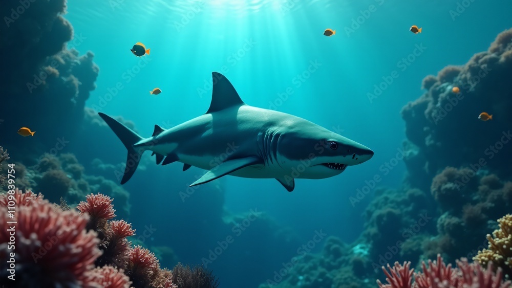 A shark swimming through a coral reef, showcasing its grace and power against the colorful marine life.