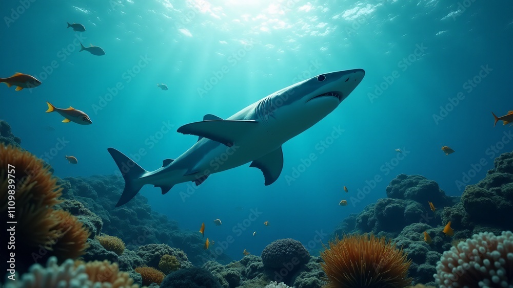 Fototapeta premium A shark swimming through a coral reef, showcasing its grace and power against the colorful marine life.