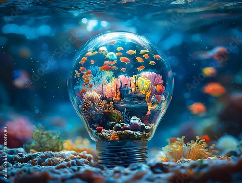 A light bulb encases an underwater world with vibrant coral reefs colorful fish and a tiny shipwreck in the sandy bottom