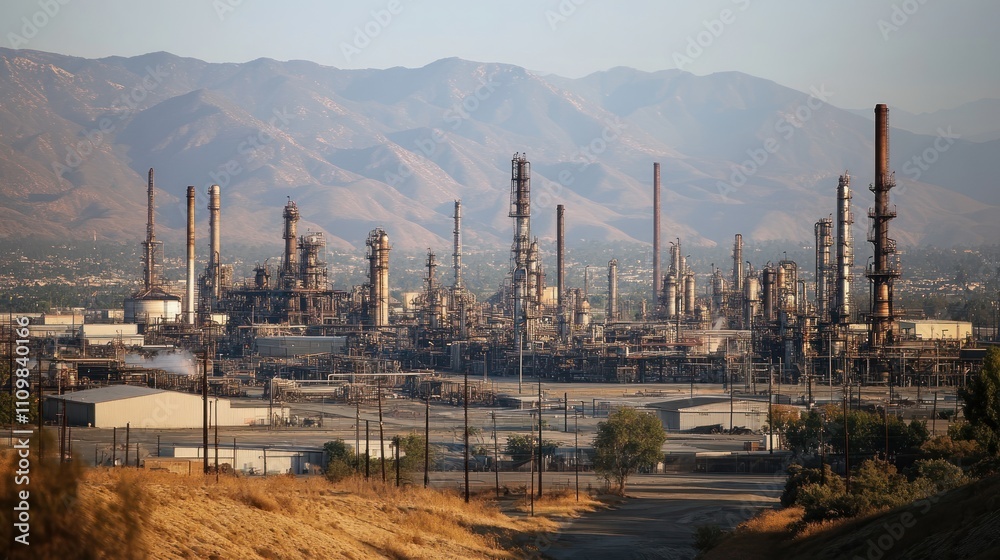 Industrial complex surrounded by mountains in a clear sky. Industrial complex surrounded by mountains in a clear sky.