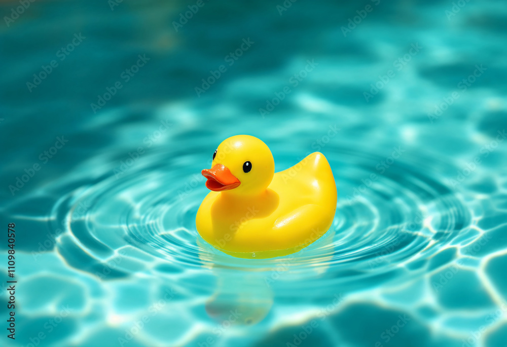 Colorful yellow rubber duck floating in clear blue water creating gentle ripples under bright sunlight in a calm setting Colorful yellow rubber duck floating in clear blue water creating gentle ripples under bright sunlight in a calm setting