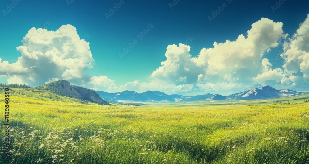 Obraz premium Beautiful grassland, green and blue sky, distant mountains 