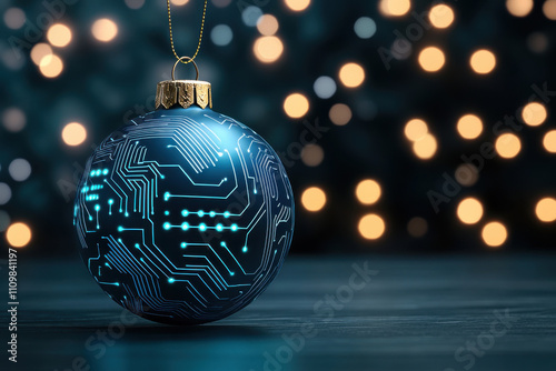 cyber themed Christmas ornament with metallic circuit design glows against blurred background of warm lights, creating festive and futuristic atmosphere