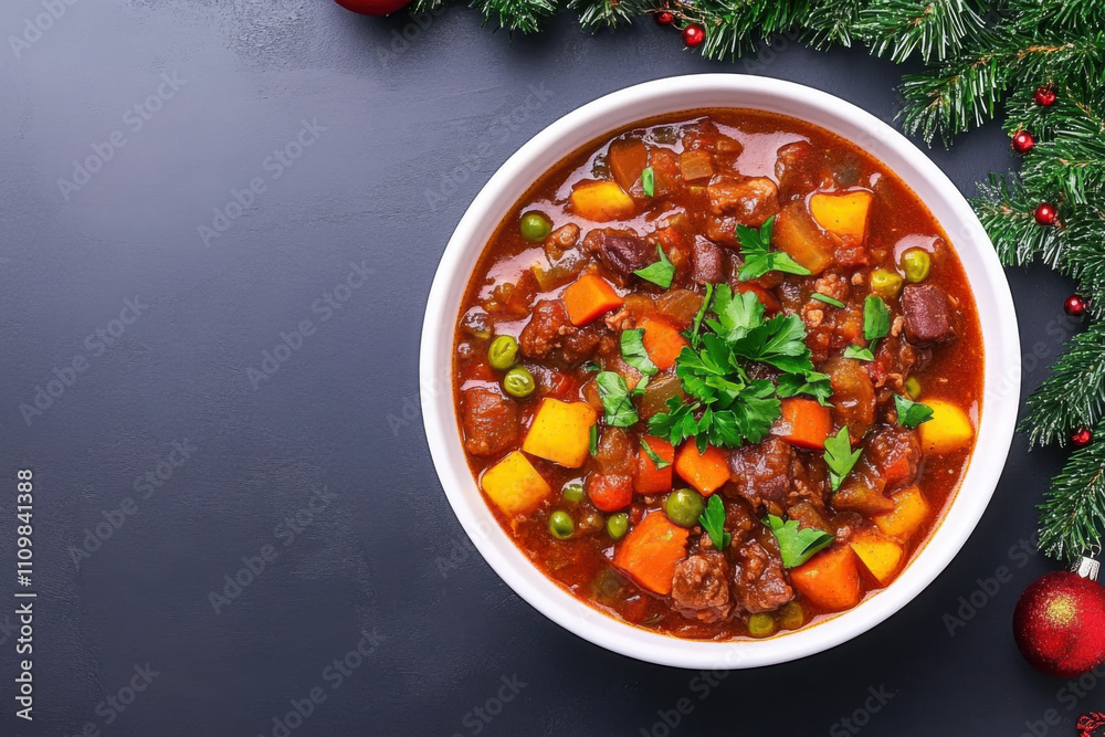 bowl of hearty vegetable stew garnished with fresh parsley, surrounded by festive holiday decorations, creating warm and inviting atmosphere