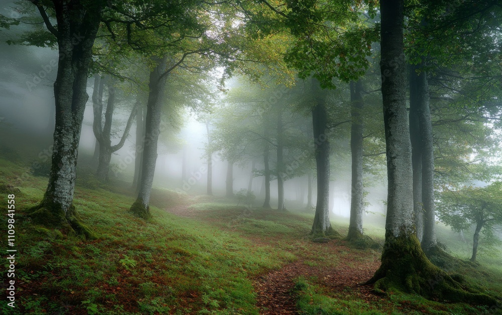 Naklejka premium Beautiful misty morning in the forest with trees, foggy hills, and soft sunlight filtering through the clouds, creating an ethereal