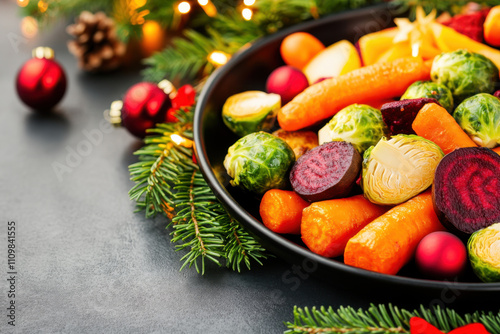festive tray of roasted vegetables, including carrots, Brussels sprouts, and beets, is surrounded by holiday decorations and pine branches, creating warm and inviting atmosphere