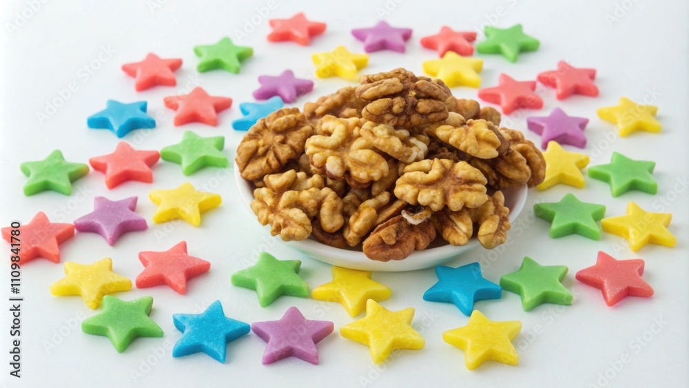 Obraz premium Golden Harmony Golden candied walnuts create a rich texture around s of colorful starshaped sweets. The contrast in colors captures attention and evokes feelings of unity and