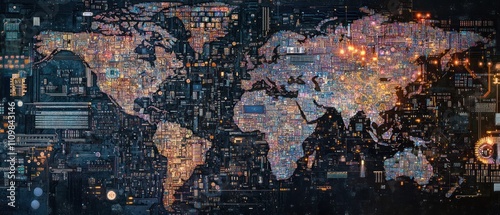 A colorful world map composed of digital elements and data visuals.