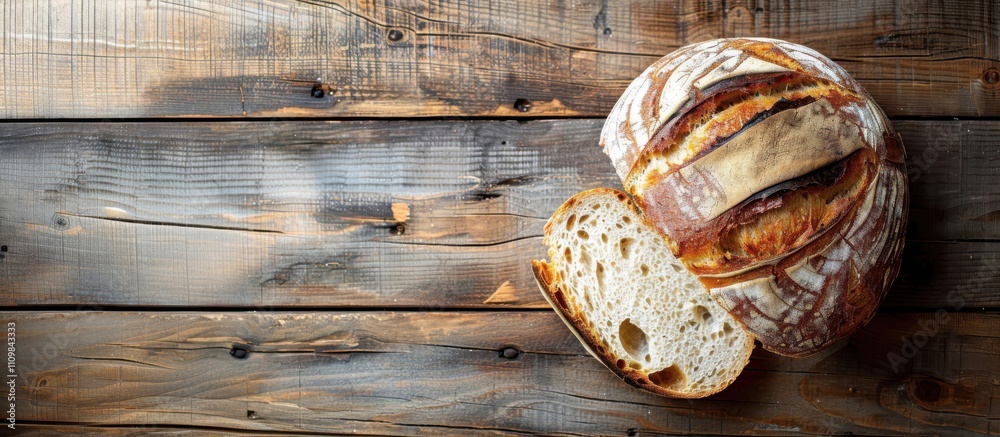 Homemade Sourdough Bread, Captured from Above on a Rustic Wooden Table Homemade Sourdough Bread, Captured from Above on a Rustic Wooden Table