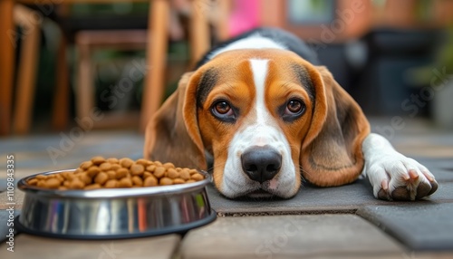 Adorable Beagle Pup Relaxing Beside Bowl Of Kibble In Household Setting: A Sweet Scene Captured In The Comfort Of Home photo