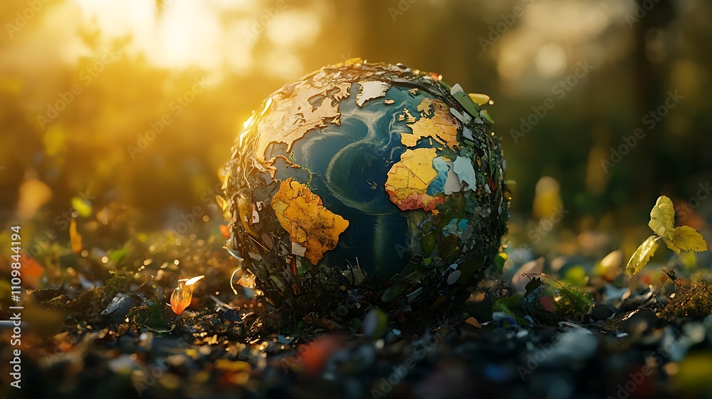 Polluted Earth globe covered in plastic waste at sunset. Polluted Earth globe covered in plastic waste at sunset.