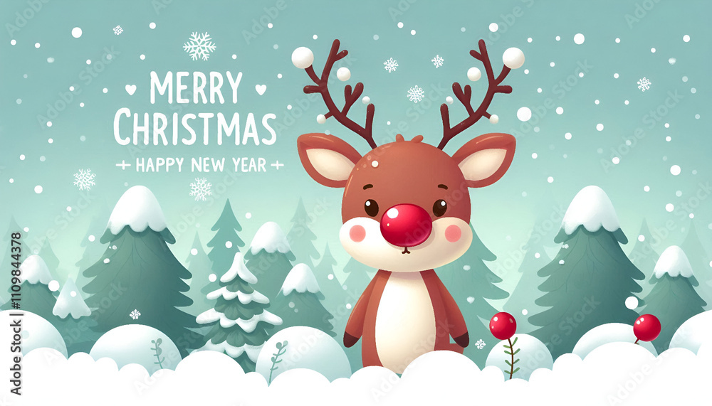 Cute Reindeer Illustration with Red Nose and Snow in florest with a background that is perfect for a merry Christmas and happy new year. The image has space for text. Cute Reindeer Illustration with Red Nose and Snow in florest with a background that is perfect for a merry Christmas and happy new year. The image has space for text.