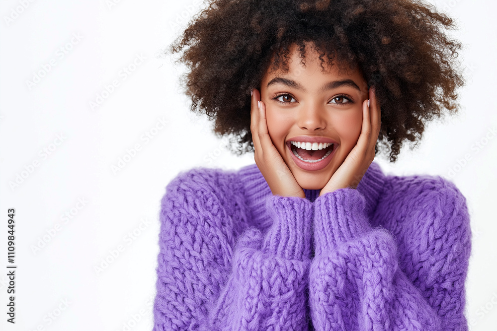 Portrait of an excited woman and hands on her face, isolated against a white background. Portrait of an excited woman and hands on her face, isolated against a white background.