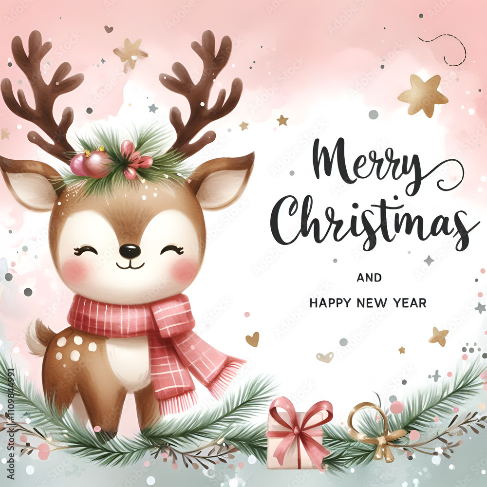Fototapeta premium A cute reindeer is painted in watercolor style, with a background that is perfect for a merry Christmas and happy new year. The image has space for text.