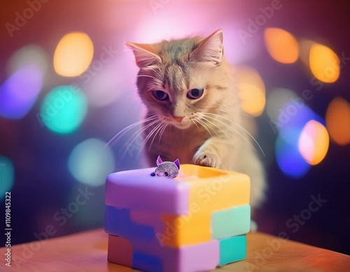 Cat playing with little gerbil mouse on thetable photo