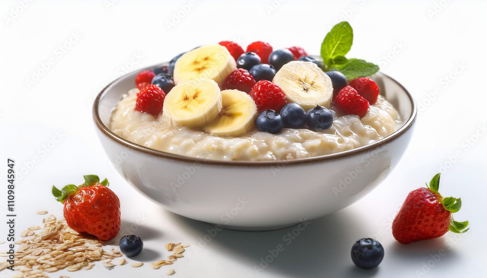 A bowl of oatmeal with bananas and berries on top A bowl of oatmeal with bananas and berries on top