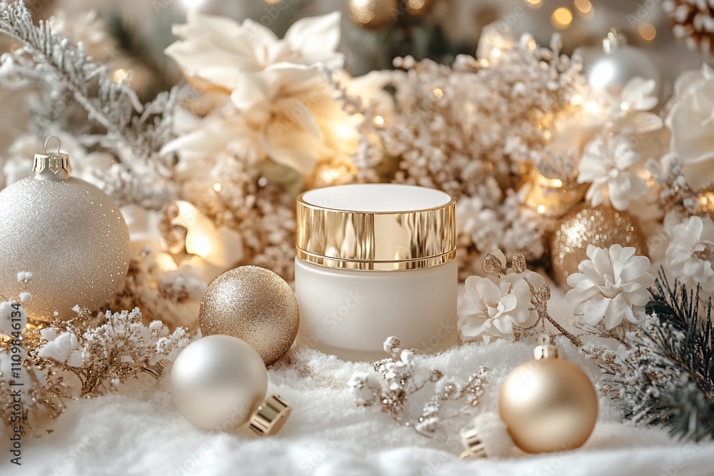 Festive cream jar amidst winter decor. Festive cream jar amidst winter decor.