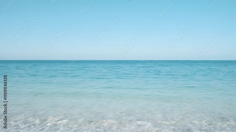 Serene ocean under clear blue sky, calm waves reflecting sunlight, peaceful atmosphere Serene ocean under clear blue sky, calm waves reflecting sunlight, peaceful atmosphere