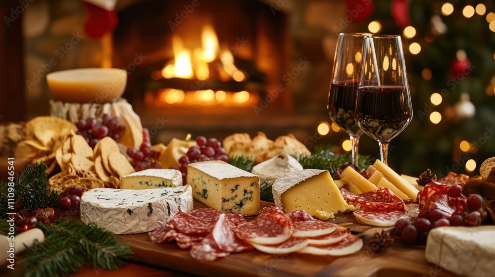Festive cheese and charcuterie board with wine by a cozy fireplace. Festive cheese and charcuterie board with wine by a cozy fireplace.