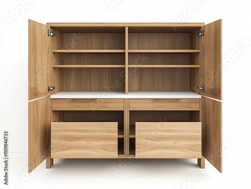 Wooden cabinet with open doors, featuring shelves and drawers for storage.