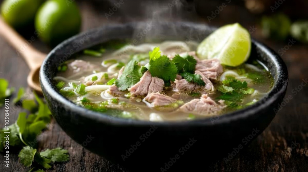 Delicious steaming bowl of noodle soup with fresh herbs and lime Delicious steaming bowl of noodle soup with fresh herbs and lime