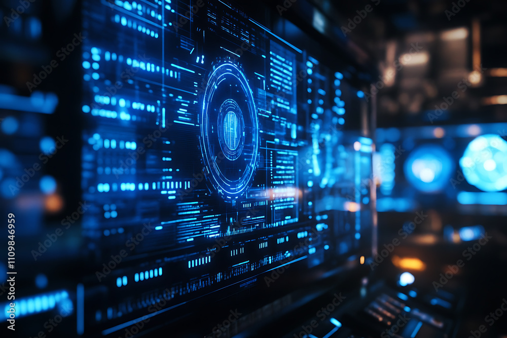 Obraz premium Blue digital binary data on a computer screen, creating a futuristic, high-tech atmosphere with flowing numbers and abstract patterns