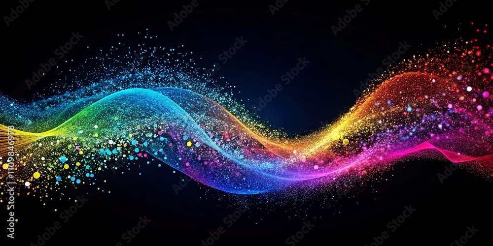 Abstract Colorful Wave of Sparkling Particles on Black Background Abstract Colorful Wave of Sparkling Particles on Black Background