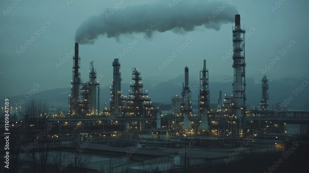 Industrial complex with smokestacks and lights at dusk. Industrial complex with smokestacks and lights at dusk.