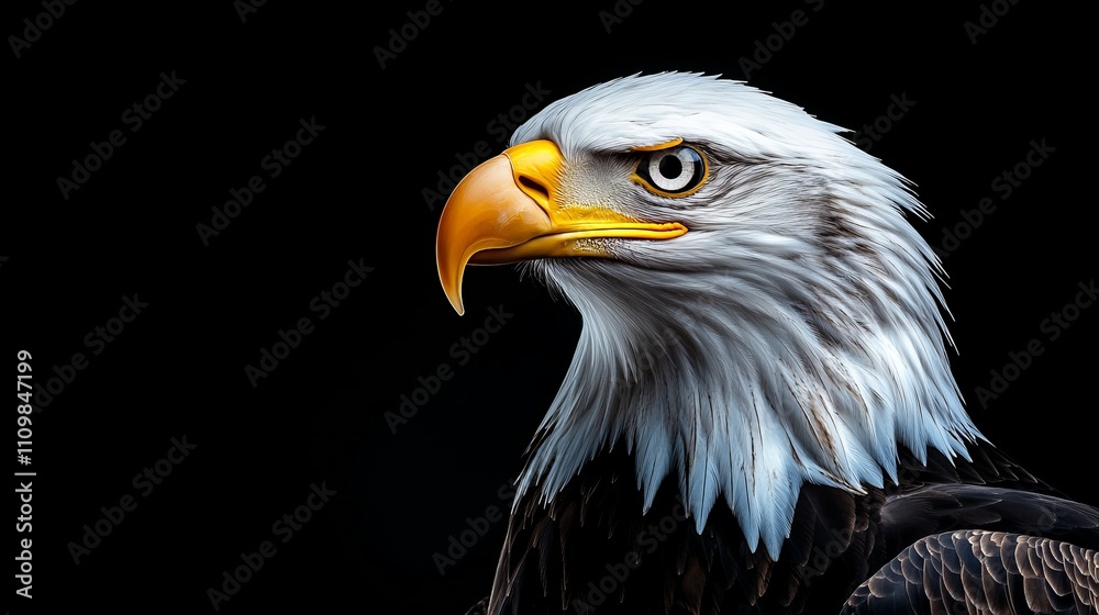 This bald eagle stands prominently with its strong beak and intense eyes, highlighting the intricate details of its feathers against a contrasting dark backdrop.