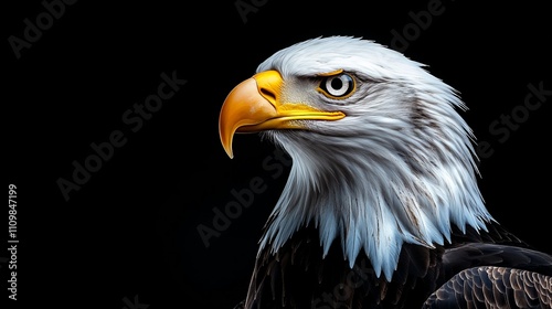 This bald eagle stands prominently with its strong beak and intense eyes, highlighting the intricate details of its feathers against a contrasting dark backdrop. photo