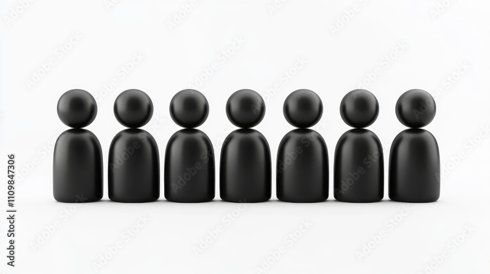row of six black humanoid figures stands against white background, creating minimalist and modern visual. figures are simple and abstract, evoking sense of unity and balance row of six black humanoid figures stands against white background, creating minimalist and modern visual. figures are simple and abstract, evoking sense of unity and balance