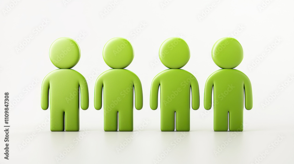 Four green humanoid figures stand in row, symbolizing simplicity and unity. minimalist design and vibrant color create sense of harmony and balance Four green humanoid figures stand in row, symbolizing simplicity and unity. minimalist design and vibrant color create sense of harmony and balance