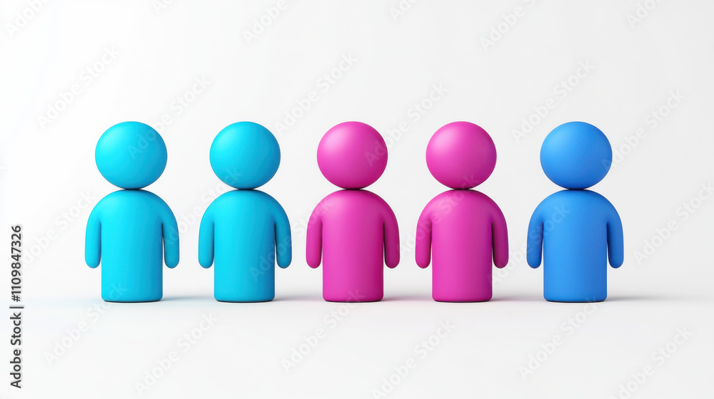 Five colorful figures, three cyan and two magenta, stand in row against white background, Teamwork concept. Five colorful figures, three cyan and two magenta, stand in row against white background, Teamwork concept.