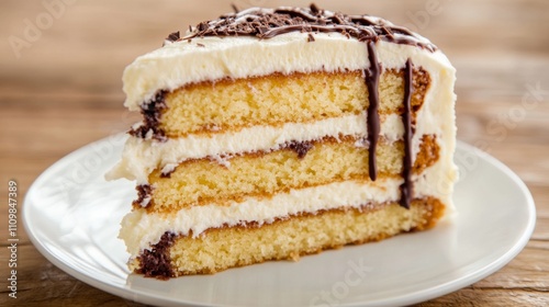 Delicious Layers of Creamy Vanilla Cake with Chocolate Drizzle