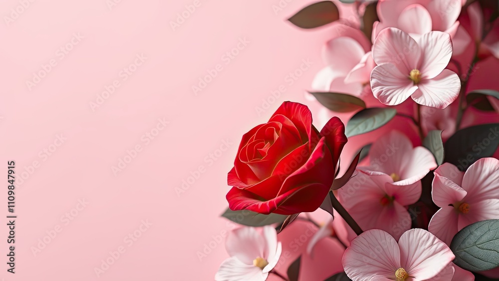 A bouquet of flowers with a single red rose standing out against a pale pink background, vibrant, contrast A bouquet of flowers with a single red rose standing out against a pale pink background, vibrant, contrast