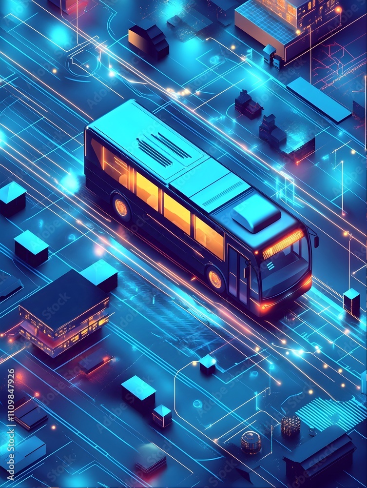 Abstract concept vector illustrations set for technology in transportation that features AI in travel and transportation, school bus tracking systems, and public transport travel pass cards.