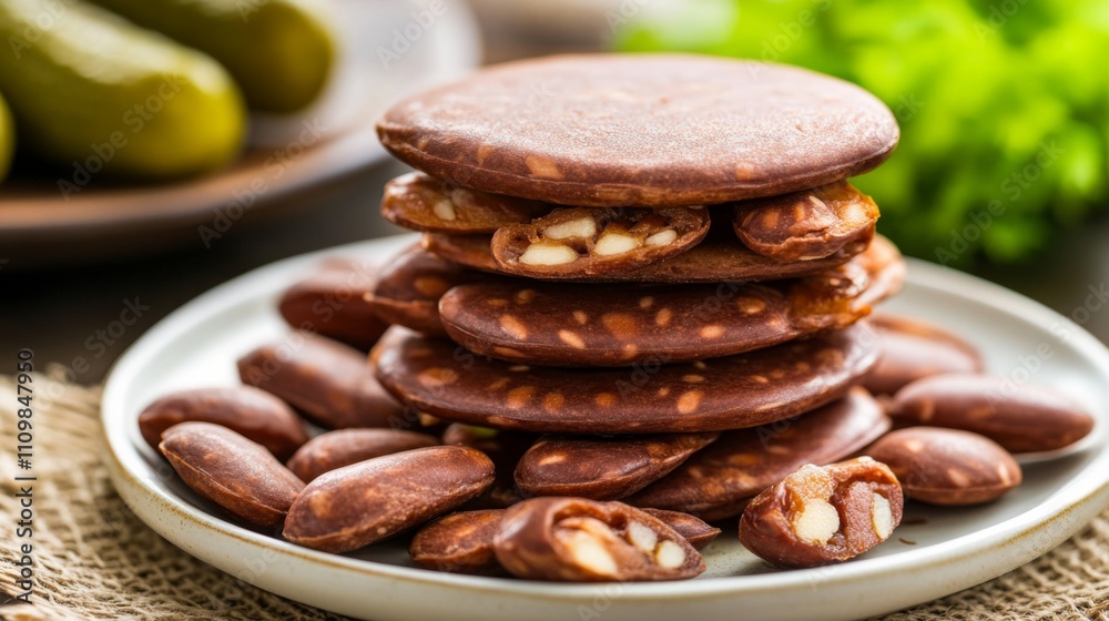 Stacked Chocolate Treats with Nuts and Green Vegetables Background Stacked Chocolate Treats with Nuts and Green Vegetables Background