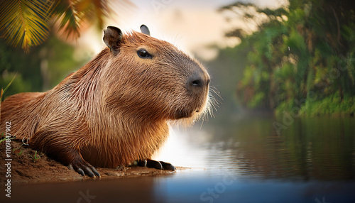 A brown capybara is laying on the ground near a body of water