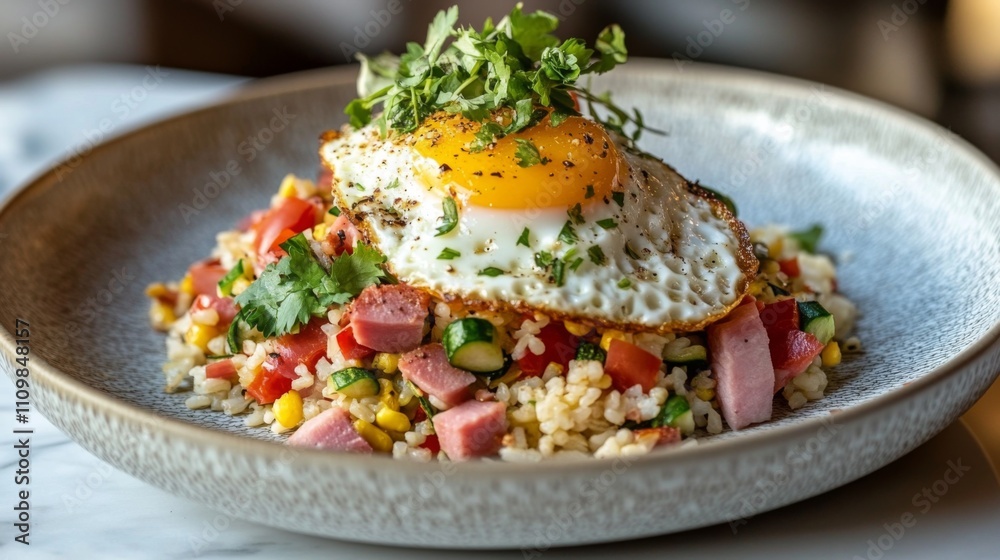 Colorful Dish with Fried Egg and Fresh Vegetables on a Plate Colorful Dish with Fried Egg and Fresh Vegetables on a Plate
