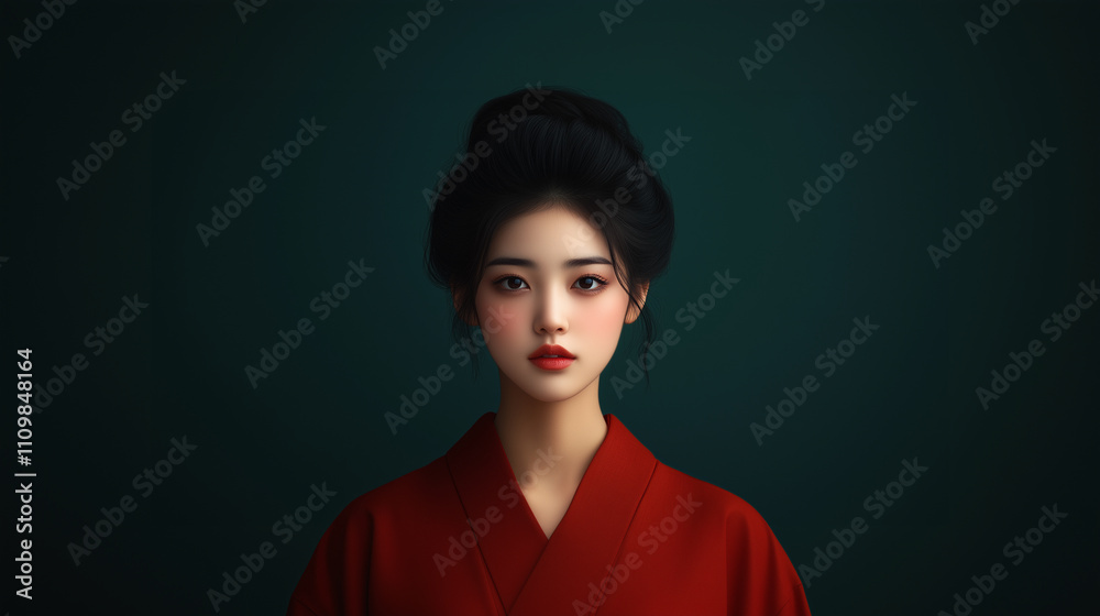 young woman in traditional red kimono, with serene expression against dark background. Her hair is styled elegantly, showcasing cultural beauty. young woman in traditional red kimono, with serene expression against dark background. Her hair is styled elegantly, showcasing cultural beauty.